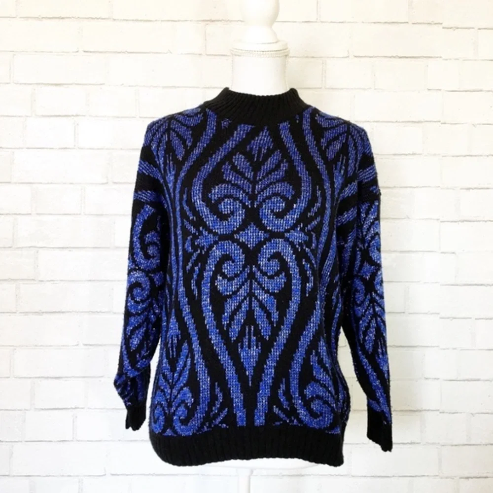 Vintage 80s 70s Blue Sparkle Glitter Patterned Mock Neck Sweater Top